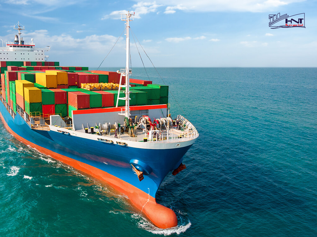 International maritime transport of cargo through sea routes by container